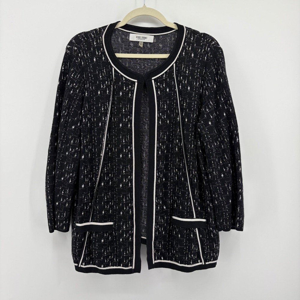 Jones‎ Studio Cardigan Black White Women XL Open Front Pockets Contrast Trim